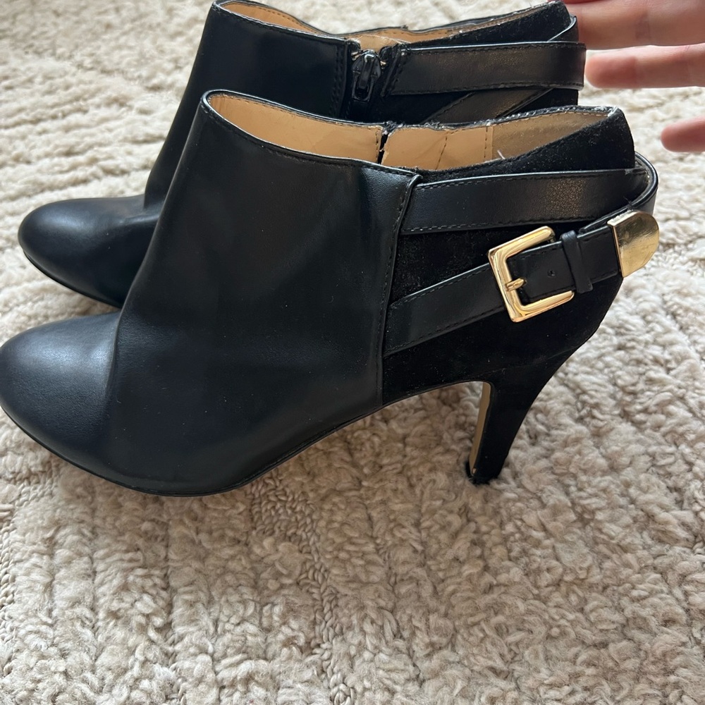 Elegant Black Ankle Boots with Gold Buckle